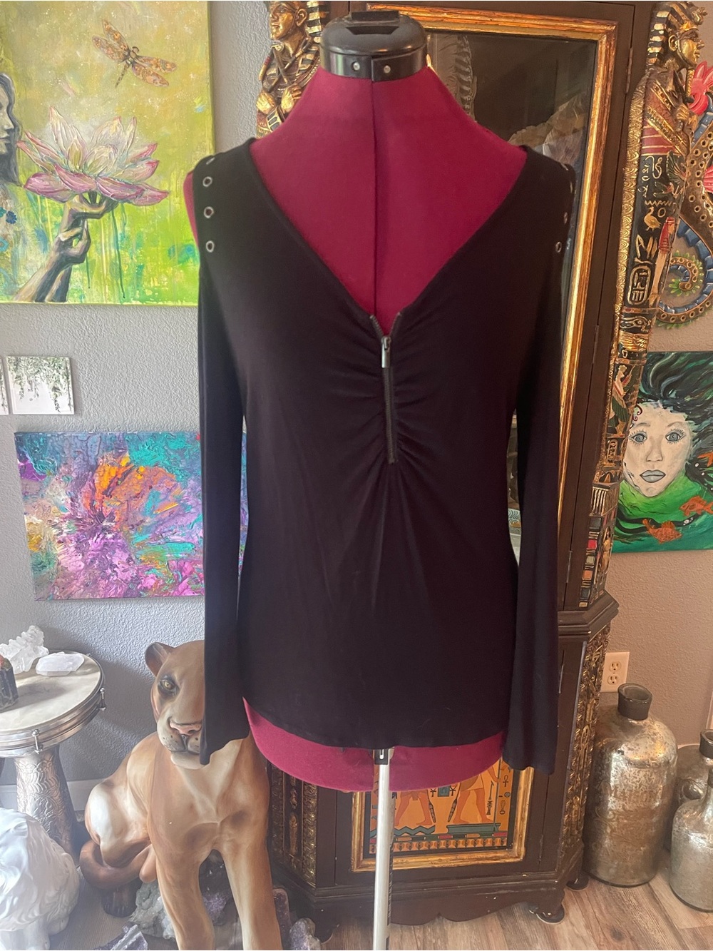 Rock & Republic Black Long-Sleeve V-Neck Zip Top